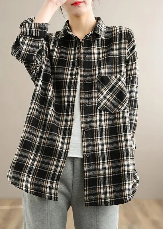 Organic Lapel Button Down Spring Blouse Pattern Black Plaid Tops